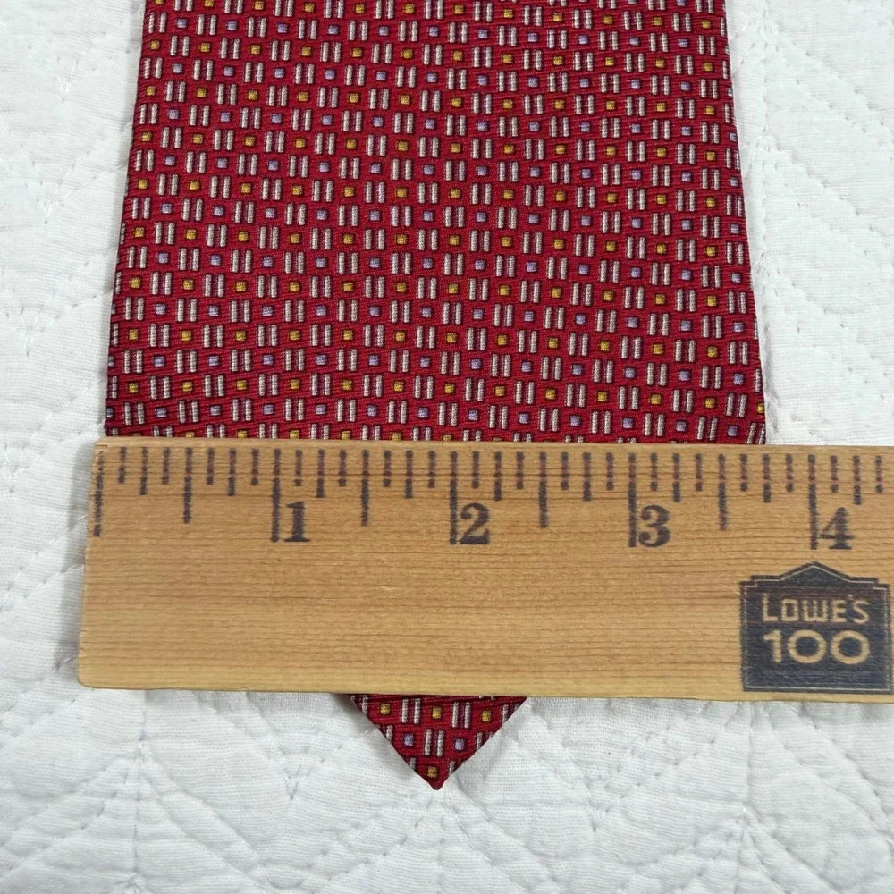 Dion Signature Necktie Men‎ Red Geometric Italian Silk Handcrafted EUC